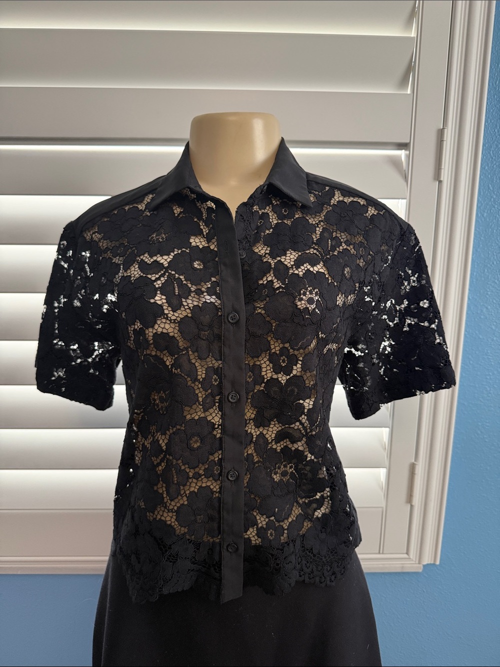 Express Black Floral Lace Button-Down Shirt